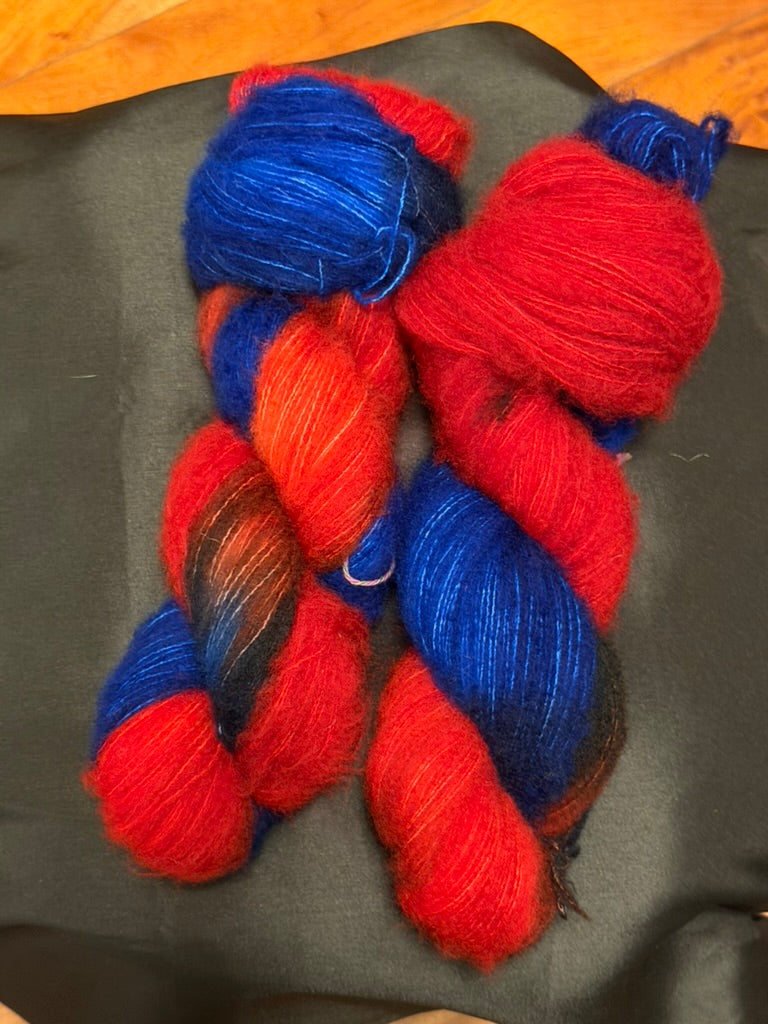Red & Blue ~ Christina's Silky Fluff ~ 74% Superwash Merino & 26% Silk ~ Lace Weight