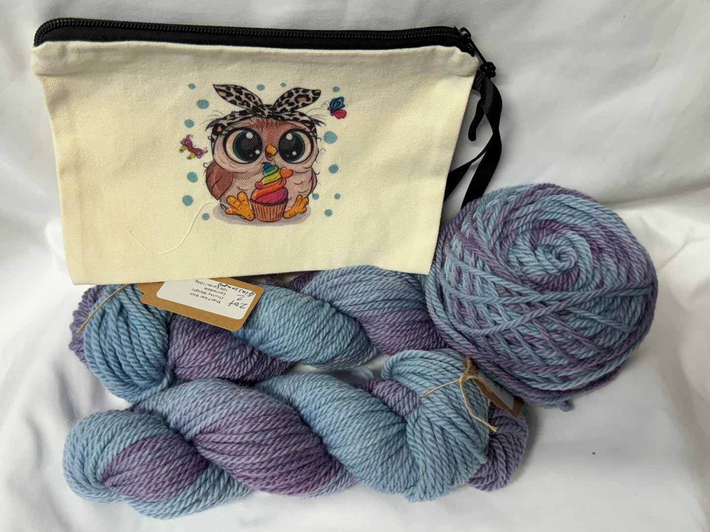 An Owl & Her Cupcake~Hand Dyed Yarn Kit w/Project Pouch; 3 Skeins