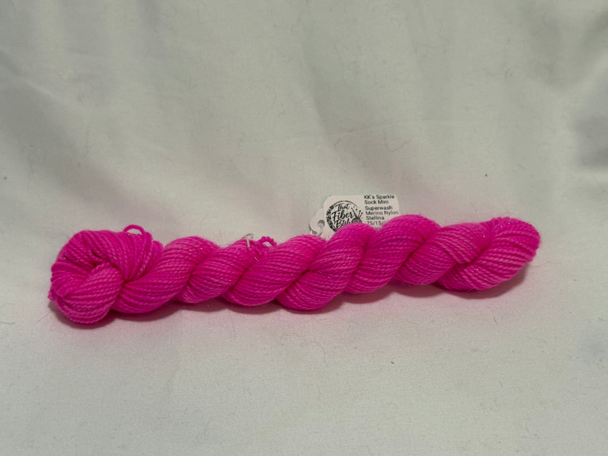 KK's Sparkle Sock Mini Skein~ Hot Pink ~75/15/10 Superwash Merino, Nylon & Stellina Sparkle