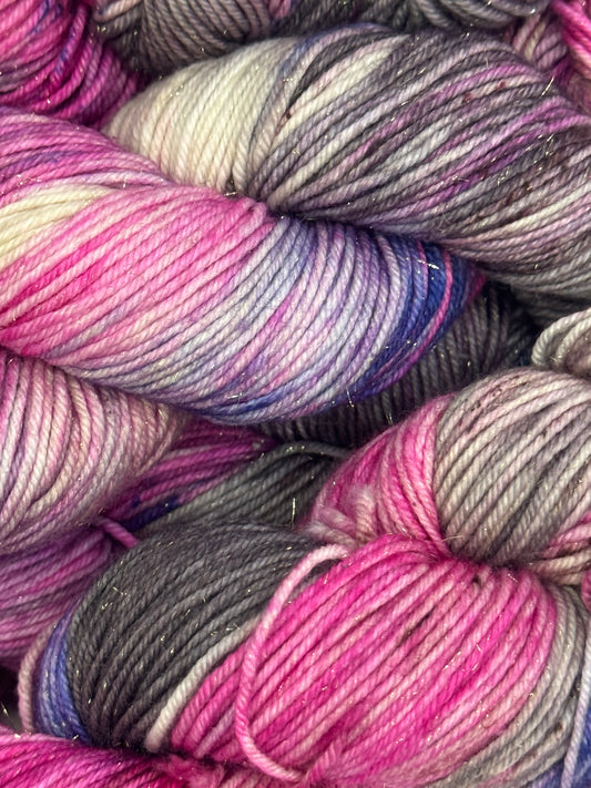 Rhoda's Glitter~Pink/Grey~Hand Dyed Yarn-231 Yards-Each Skein~Superwash Merino Nylon Stellina