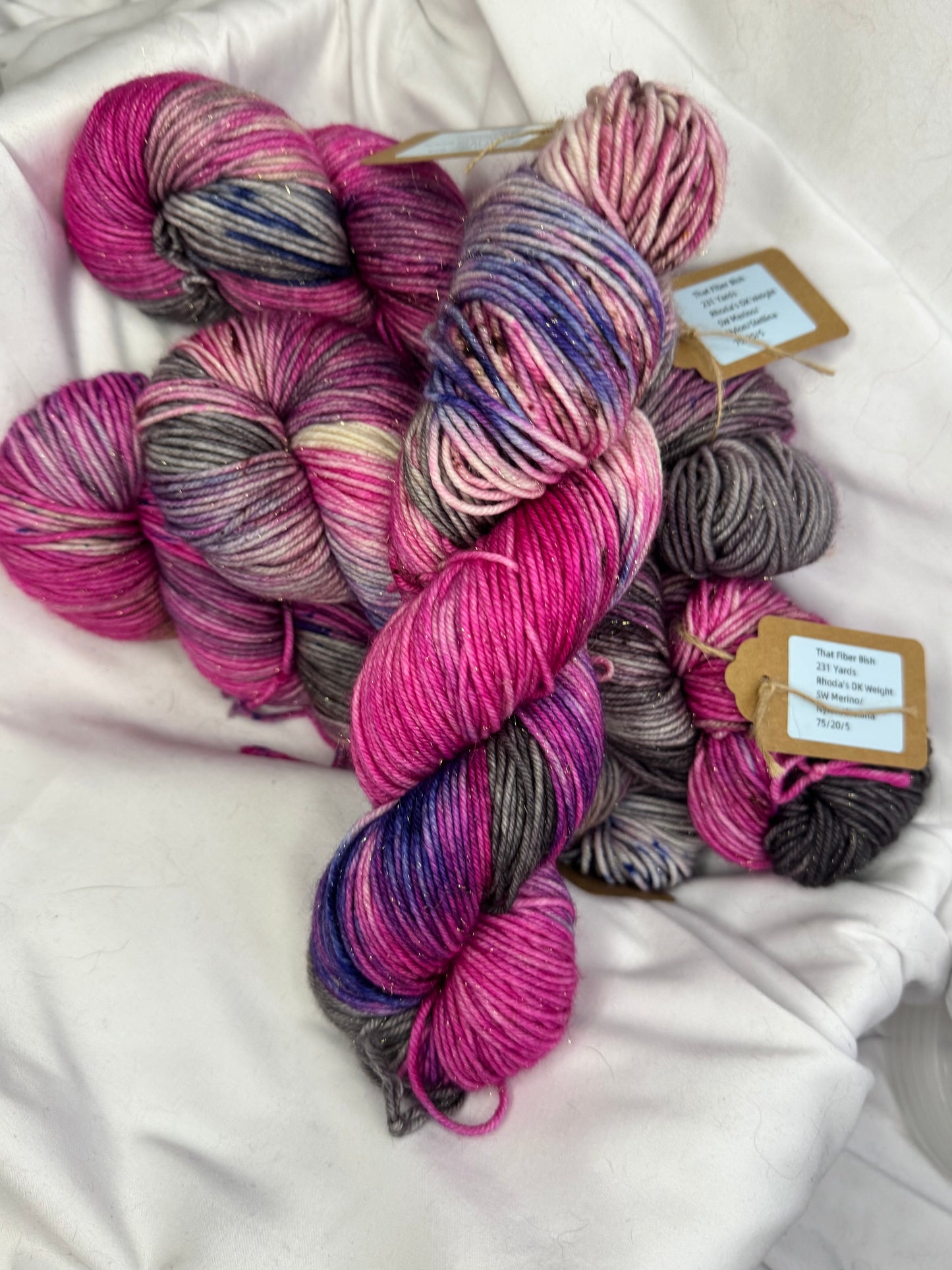 Rhoda's Glitter~Pink/Grey~Hand Dyed Yarn-231 Yards-Each Skein~Superwash Merino Nylon Stellina