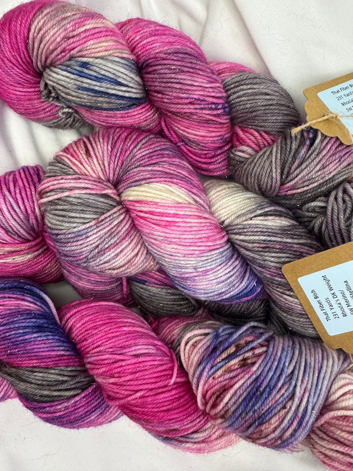 Rhoda's Glitter~Pink/Grey~Hand Dyed Yarn-231 Yards-Each Skein~Superwash Merino Nylon Stellina
