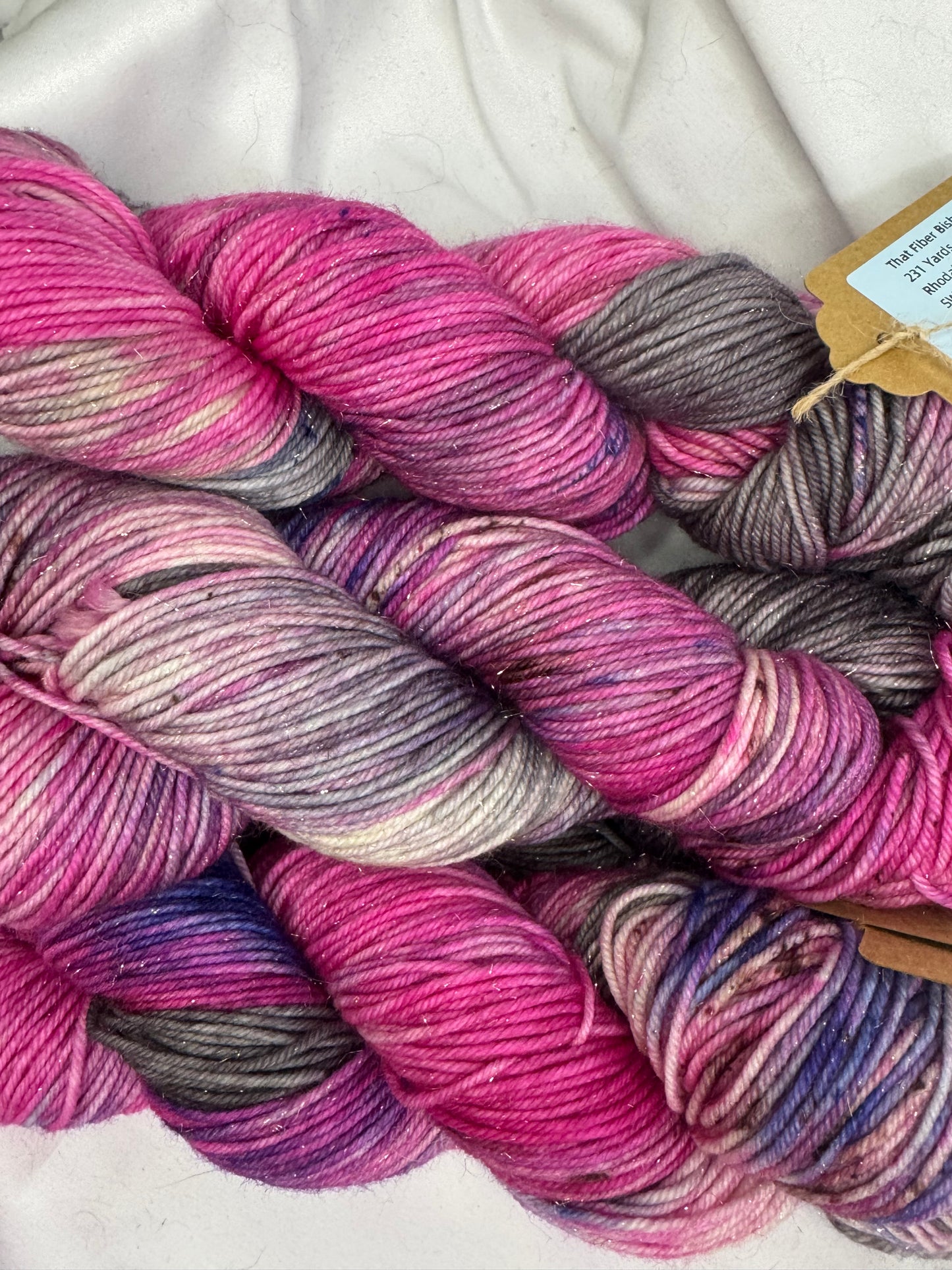 Rhoda's Glitter~Pink/Grey~Hand Dyed Yarn-231 Yards-Each Skein~Superwash Merino Nylon Stellina