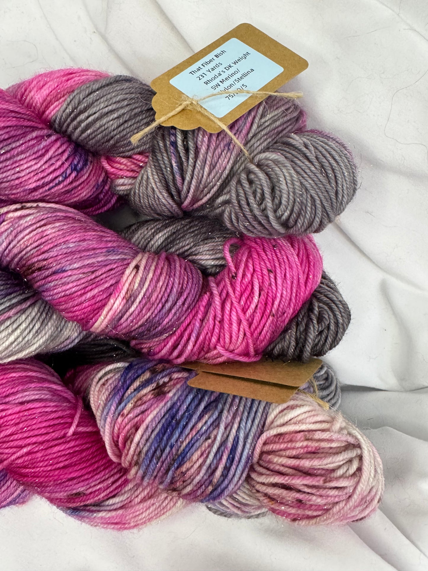 Rhoda's Glitter~Pink/Grey~Hand Dyed Yarn-231 Yards-Each Skein~Superwash Merino Nylon Stellina