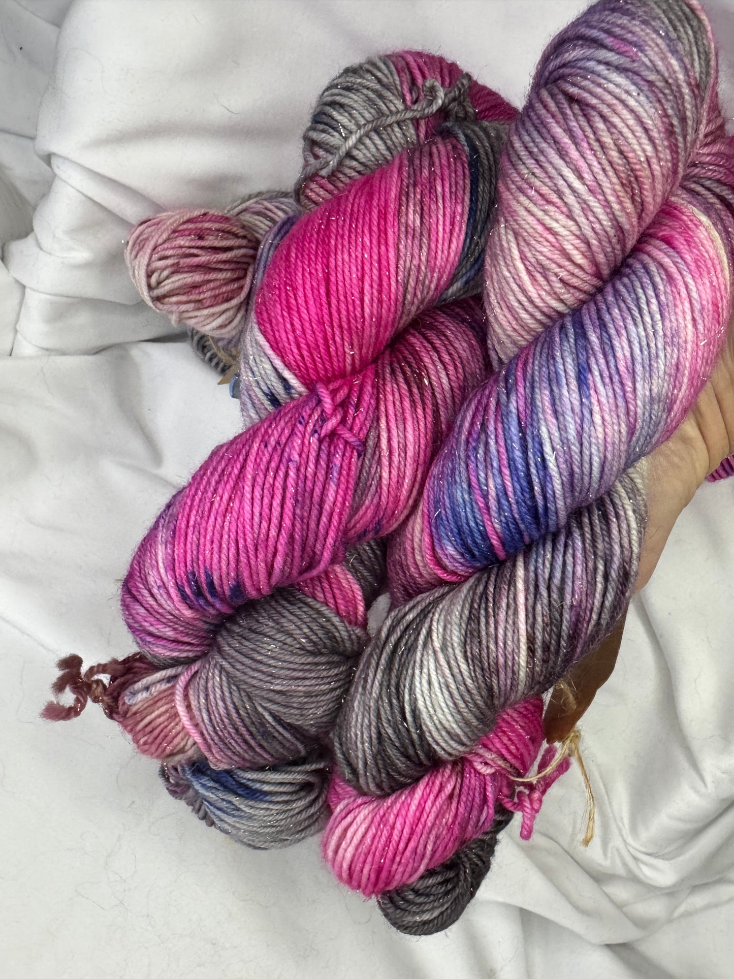 Rhoda's Glitter~Pink/Grey~Hand Dyed Yarn-231 Yards-Each Skein~Superwash Merino Nylon Stellina