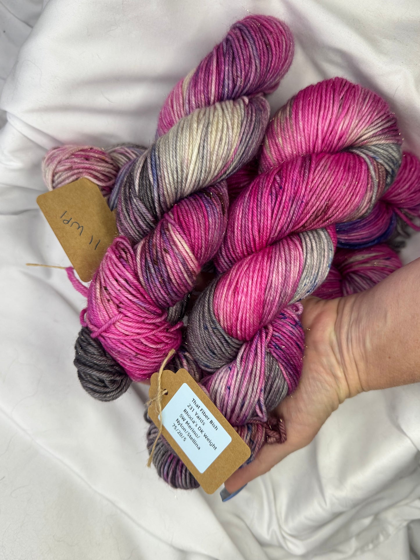 Rhoda's Glitter~Pink/Grey~Hand Dyed Yarn-231 Yards-Each Skein~Superwash Merino Nylon Stellina