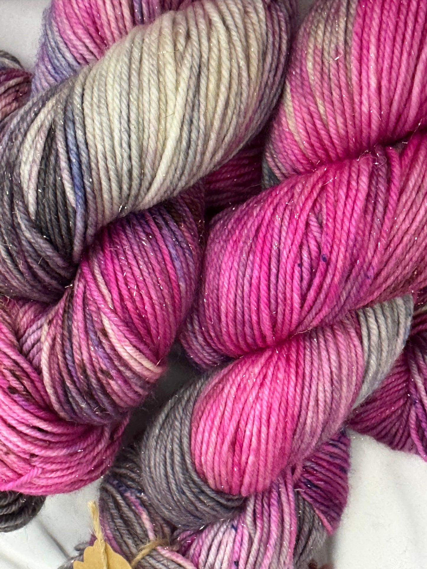 Rhoda's Glitter~Pink/Grey~Hand Dyed Yarn-231 Yards-Each Skein~Superwash Merino Nylon Stellina