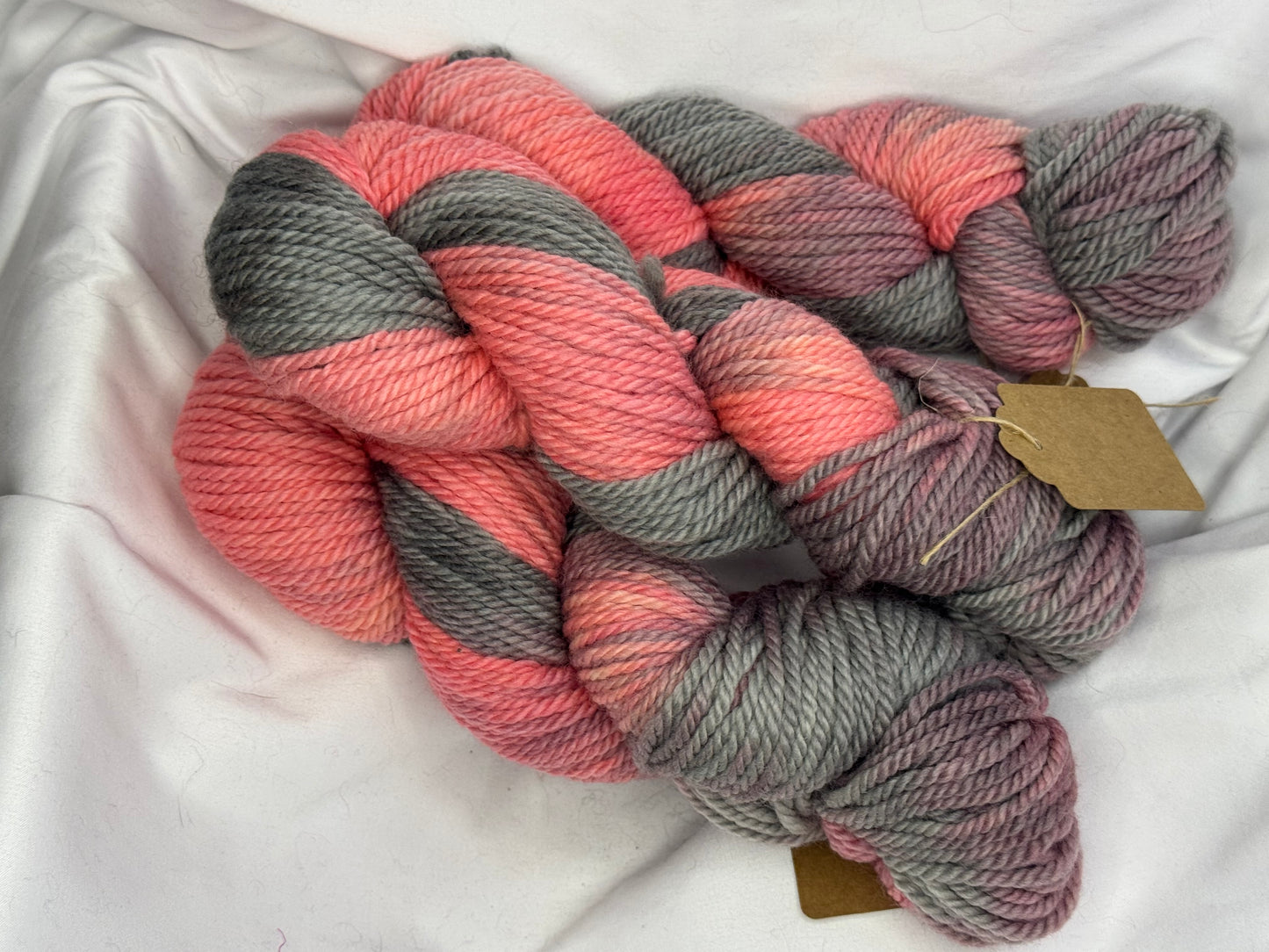 Corriedale Chunky Weight~Pink/Grey~Hand Dyed Yarn~109 Yards Each Skein
