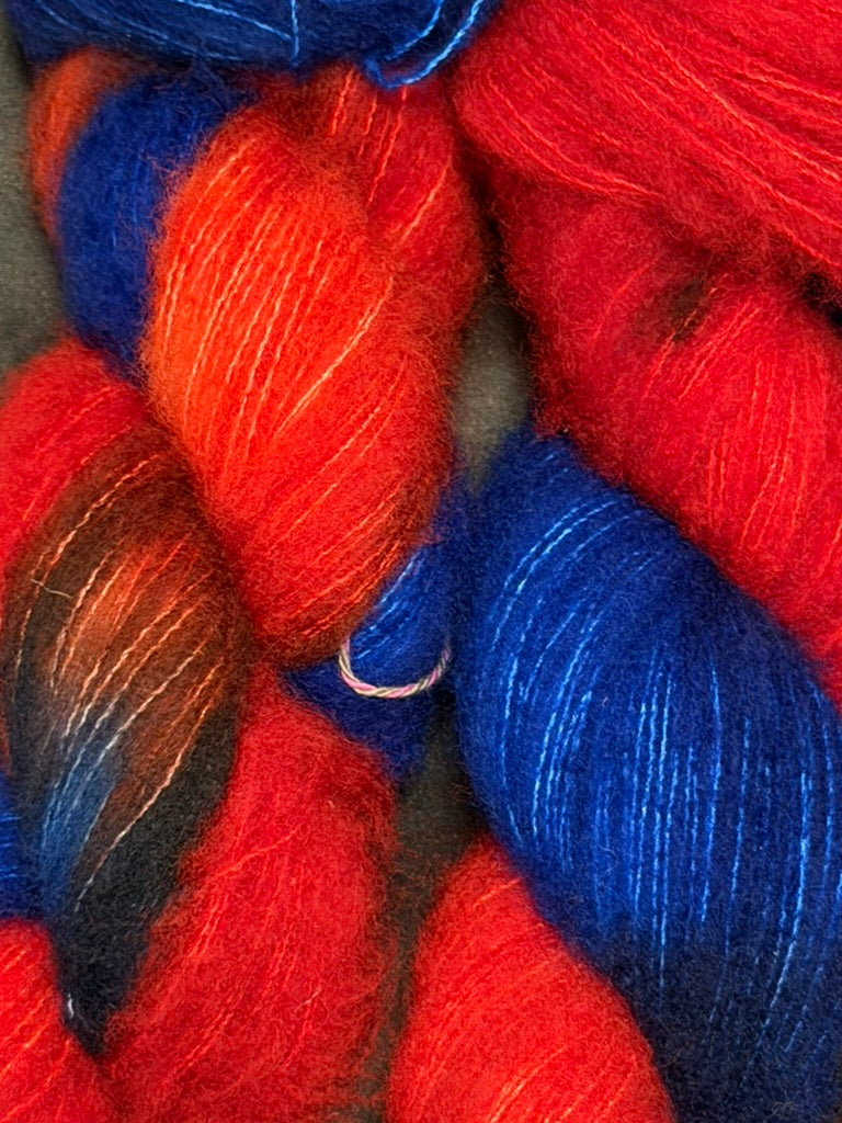 Red & Blue ~ Christina's Silky Fluff ~ 74% Superwash Merino & 26% Silk ~ Lace Weight