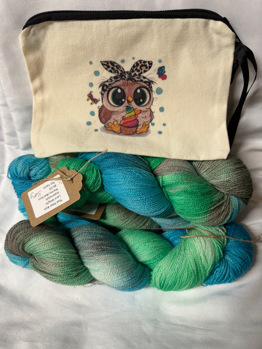 Owl Project Bag w/3 Skeins Lace Weight~Hand Dyed Yarn Kit~Superwash Merino Bamboo
