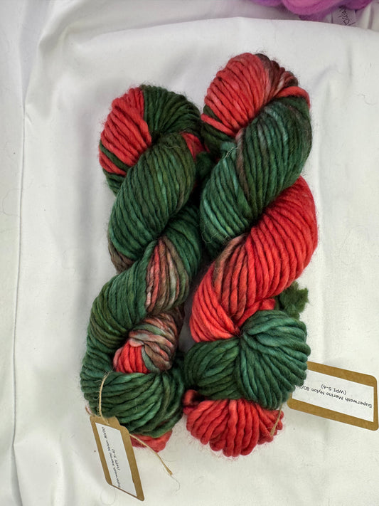 Genevieve's Super Bulky~Christmas Sox~Hand Dyed Yarn-76 Yards-Each Skein~Superwash Merino Nylon 80/20